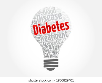 Collage de palabras en la nube de bombilla de la diabetes, fondo del concepto de salud