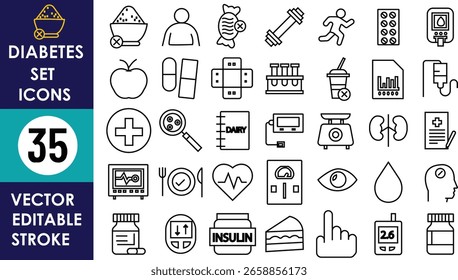 Conjunto de iconos de línea de diabetes con trazo editable. Incluye insulina, glucómetro, alimentos saludables, jeringa, páncreas, píldoras, ejercicio, gotas de sangre, ojos, corazón, herramientas médicas