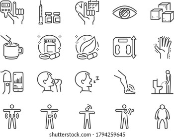 Diabetes line icon set. Included the icons as disease, sugar, fat, body, metabolic disease, insulin, medicine, health and more.