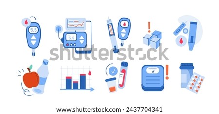 Diabetes management concept set. Collection of glucometer, insulin pump, glucose monitors and other diabetic treatment devices and drugs. Vector illustration 