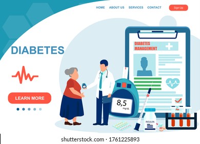 Diabetes Management Concept. Vector Of A Doctor Giving Consultation To A Diabetes Mellitus Type 1 Patient On How To Keep Under Control Blood Glucose Level With Insulin And Pills