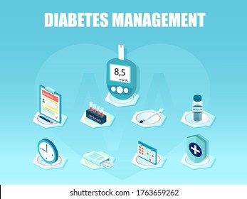 Diabetes management and diagnosis icons set. Vector of blood glucose meter, pills, syringe, insulin vial, patient ID card insurance 