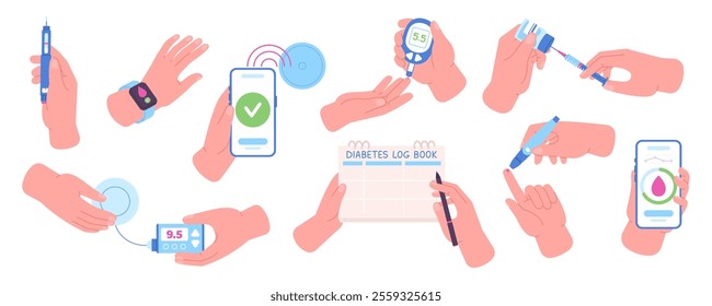 Diabetes management. Human holding different medicine equipment and tools. Diabete digital devices, insulin pump, glucometer, test stripes, racy vector set