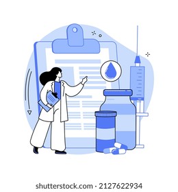 Diabetes medications abstract concept vector illustration. Diabetes mellitus therapy, disease treatment, insulin injection, syringe needle, medical capsule, diabetic diet abstract metaphor.