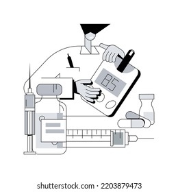 Medicaciones para la diabetes abstractas ilustraciones vectoriales conceptuales abstractas. Terapia de diabetes mellitus, tratamiento de enfermedades, inyección de insulina, aguja de jeringa, cápsula médica, metáfora abstracta de dieta diabética.