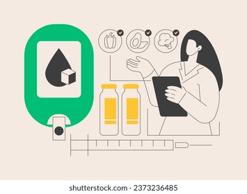 Diabetes medications abstract concept vector illustration. Diabetes mellitus therapy, disease treatment, insulin injection, syringe needle, medical capsule, diabetic diet abstract metaphor.
