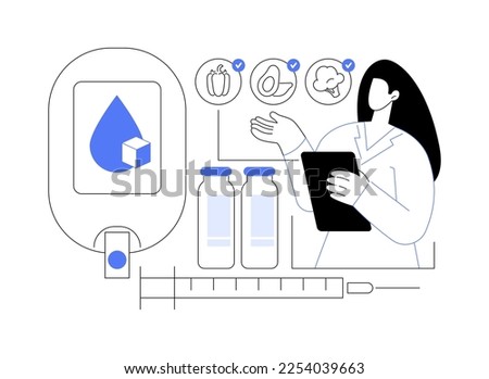 Diabetes medications abstract concept vector illustration. Diabetes mellitus therapy, disease treatment, insulin injection, syringe needle, medical capsule, diabetic diet abstract metaphor.