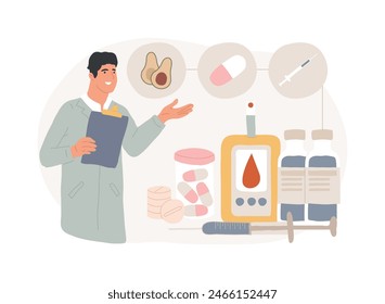 Diabetes medications isolated concept vector illustration. Diabetes mellitus therapy, disease treatment, insulin injection, syringe needle, medical capsule, diabetic diet vector concept.