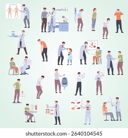 Diabetes medicine composition set with symptoms symbols flat isolated vector illustration