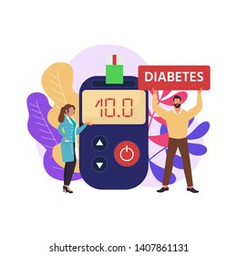 Diabetes Mellitus, Concept. High Blood Sugar. Doctors And Blood Glucose Testing Meter. Vector  Illustration