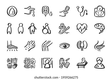 Diabetes Mellitus Icon Set Hand Drawn Doodle Icons