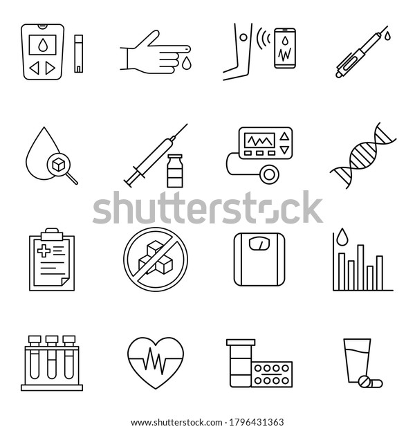 Diabetes\
mellitus treatment and prevention line icons set. Signs in outline\
style such as blood glucose monitoring, insulin pen and syringe,\
pump, test strips. Concept of\
healthcare
