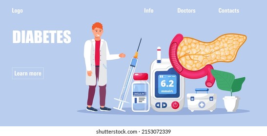 Diabetes mellitus, type 2 diabetes and insulin production concept vector. Pancreas, pills, medical supplies are shown. 