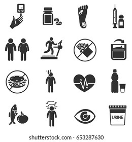 Diabetes. Monochrome Icons Set. Diagnosis And Health Care.