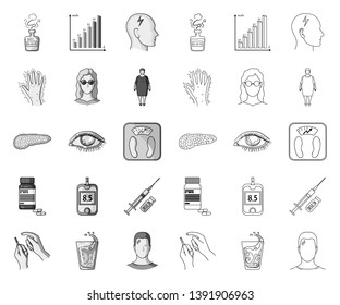 Diabetes mono,outline icons in set collection for design. Treatment of diabetes vector symbol stock web illustration.