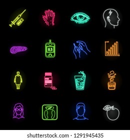 Diabetes neon icons in set collection for design. Treatment of diabetes vector symbol stock web illustration.