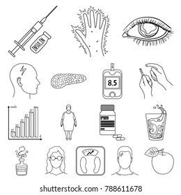 Diabetes outline icons in set collection for design. Treatment of diabetes vector symbol stock web illustration.