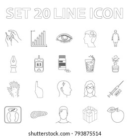 Diabetes outline icons in set collection for design. Treatment of diabetes vector symbol stock web illustration.