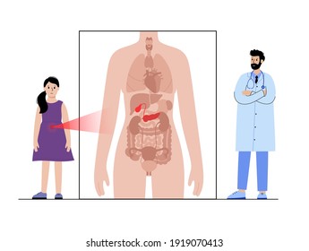 Diabetes, pain, inflammation in pancreas. Appointment with doctor. Pancreatic cancer concept. Digestive system problem. Ache in human kid body. Female child . Anatomy poster vector illustration