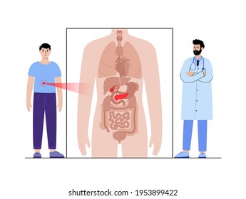 Diabetes, Pain, Inflammation In Pancreas. Appointment With Doctor. Pancreatic Cancer Concept. Digestive System Problem. Ache In Human Body. Adult Man Character. Anatomy Poster Vector Illustration