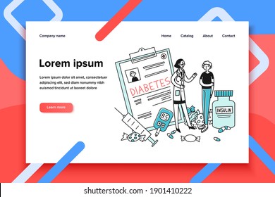Diabetes patient diagnostic. Young man consulting doctor, insulin, sugar, syringe flat vector illustration. Healthcare, treatment, disease concept for banner, website design or landing web page