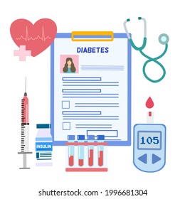 Concepto de perfil del paciente con diabetes, con elementos de medidor de glucosa, jeringa, tubo de análisis de sangre    