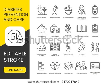 Diabetes prevention and nursing care vector line icon set with editable stroke, Consultation with a doctor and Physical activity, Glucometer and Healthy nutrition, Diabetes prevention and Healthy