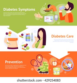 Diabetes prevention symptoms and care concept 3 flat horizontal banners set abstract isolated vector illustration