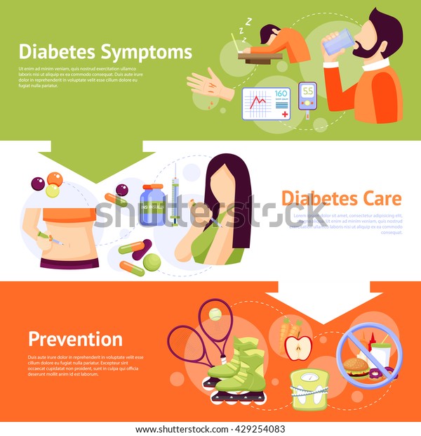 Diabetes prevention\
symptoms and care concept 3 flat horizontal banners set abstract\
isolated vector\
illustration
