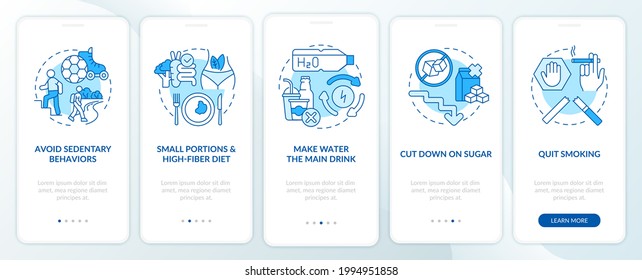 Diabetes prevention tips onboarding mobile app page screen. Sedentary behavior walkthrough 5 steps graphic instructions with concepts. UI, UX, GUI vector template with linear color illustrations