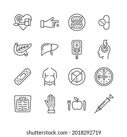 Diabetes Prevention And Treatment  Line Icon Set.  Symbol Of Diet, Weight Control, Obesity, Liver, Pancreas, Glucometer, Pressure Blood Monitor, Headache. Editable Stroke.