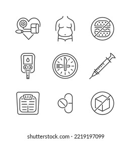 Diabetes Prevention And Treatment  Line Icon Set.  Symbol Of Diet, Weight Control, Obesity, Glucometer, Pressure Blood Monitor, Drug. Editable Stroke.