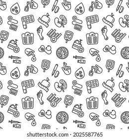Diabetes seamless pattern with thin line icons: blood test, glucometer, glucose level, insulin pen, hyperglycemia, insulin pump, diabetic retinopathy. Vector illustration for medical background.