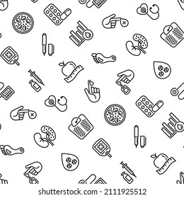 Diabetes seamless pattern with thin line icons: blood test, glucometer, glucose level, insulin pen, hyperglycemia, insulin pump, diabetic retinopathy. Vector illustration for medical background.