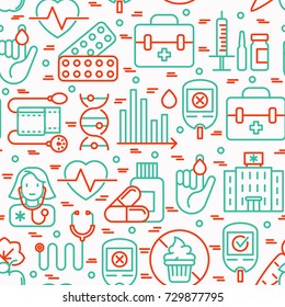 Diabetes seamless pattern with thin line icons of symptoms and prevention care. Vector illustration for background of medical survey or report, for banner, web page, print media. 