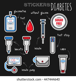 Diabetes. Set of flat colored icons, stickers. Glucometer, insulin. Vector