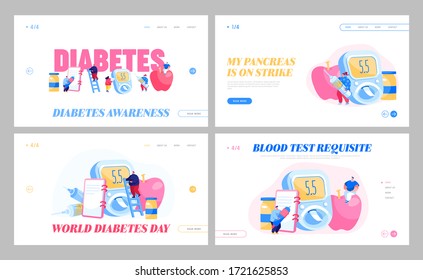 Enfermedad de la Diabetes, Medidor de Prueba de Glucosa, Conjunto de Plantillas de la Página de Inicio de Control de Insulina. Pequeños personajes con equipos de control para el tratamiento Alto Nivel de Azúcar en Sangre. Ilustración de vectores de caricatura