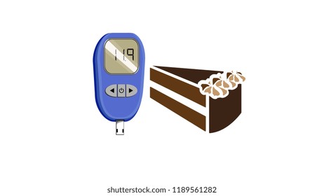 Diabetes and sugar intake - vector image of glucose monitor and a cake
