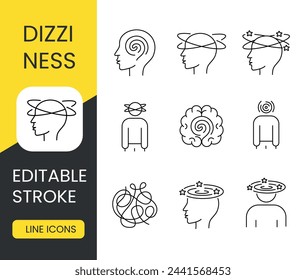 Diabetes symptom dizziness line vector icon set with editable stroke