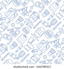Diabetes symptoms and control vector line style seamless background. Frequent urination, blurry vision, sexual problems, high blood sugar, hungry, linear illustration. Diabetic blue icons on white. 