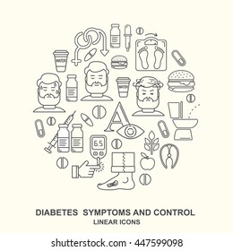 Diabetes symptoms and control vector line style background. Frequent urination, blurry vision, sexual problems, high blood sugar, hungry, thirsty linear illustration. Diabetic round shape pattern. 