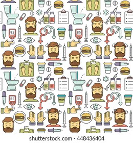 Diabetes symptoms, control vector line style seamless background. Frequent urination, blurry vision, sexual problems, high blood sugar, hungry, linear illustration. Diabetic colored icons on white. 