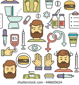 Diabetes symptoms, control vector line style seamless background. Frequent urination, blurry vision, sexual problems, high blood sugar, hungry, linear illustration. Diabetic colored icons on white. 