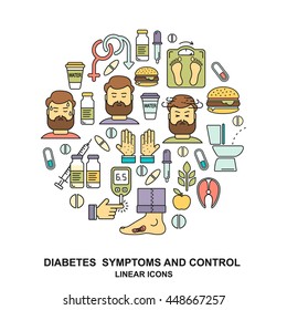 Diabetes symptoms and control vector line style background. Frequent urination, blurry vision, sexual problems, high blood sugar illustration. Diabetic round shape pattern with colored linear icons. 