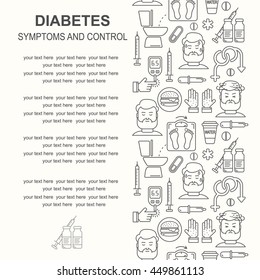 Diabetes symptoms and control vector line style background. Frequent urination, blurry vision, sexual problems, high blood sugar, hungry, thirsty linear illustration. Diabetic pattern.