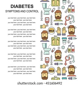 Diabetes symptoms and control vector line style background. Frequent urination, blurry vision, sexual problems, high blood sugar, hungry, thirsty linear illustration. Diabetic colored pattern.