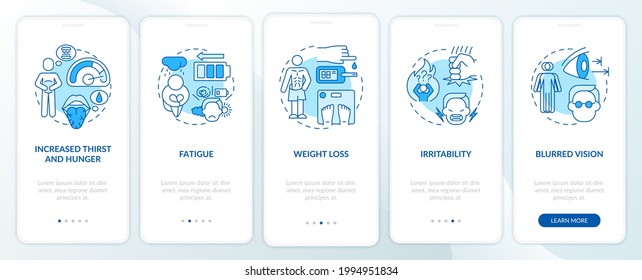 Diabetes symptoms onboarding mobile app page screen. Weight loss walkthrough 5 steps graphic instructions with concepts. UI, UX, GUI vector template with linear color illustrations