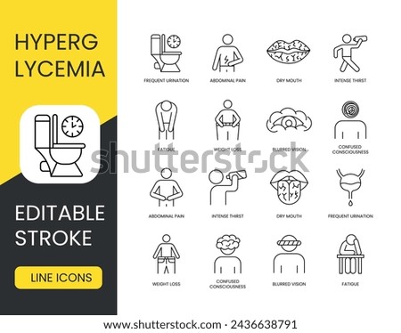 Diabetes symptoms set vector line icons with editable stroke Hyperglycemia, weight loss and abdominal pain, dry mouth and intense thirst, frequent urination and confused consciousness