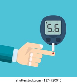 Diabetes test concept, mans hand and glucometer measures the blood sugar level. Medical blood diagnostic drop test strip. Vector illustration flat style design.
