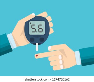 Diabetes test concept, mans hand and glucometer measures the blood sugar level. Medical blood diagnostic drop test strip. Vector illustration flat style design.
